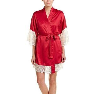 Flora Nikrooz Gabby Red Satin Kimono Robe W/ Lace Trim Sleeves Size Small